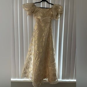 Gold off the shoulder dress with roses printed on outer layer